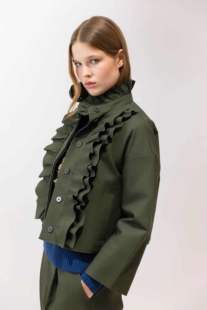 COATS/JACKET Cotton Ruffle Farm Jacket in Khaki Psophia