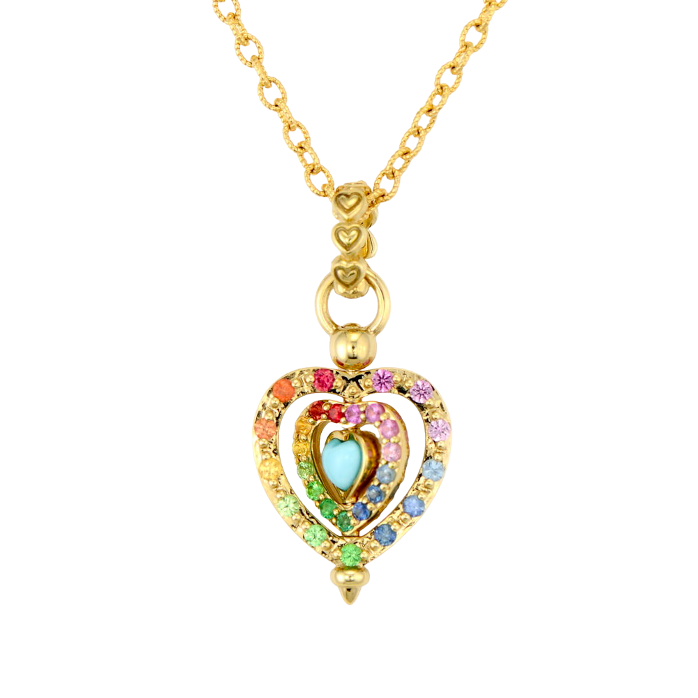 JEWELRY MEDIUM SPINNING DIAMOND, SAPPHIRE, & TURQUOISE HEART PENDANT Three Stories Jewelry