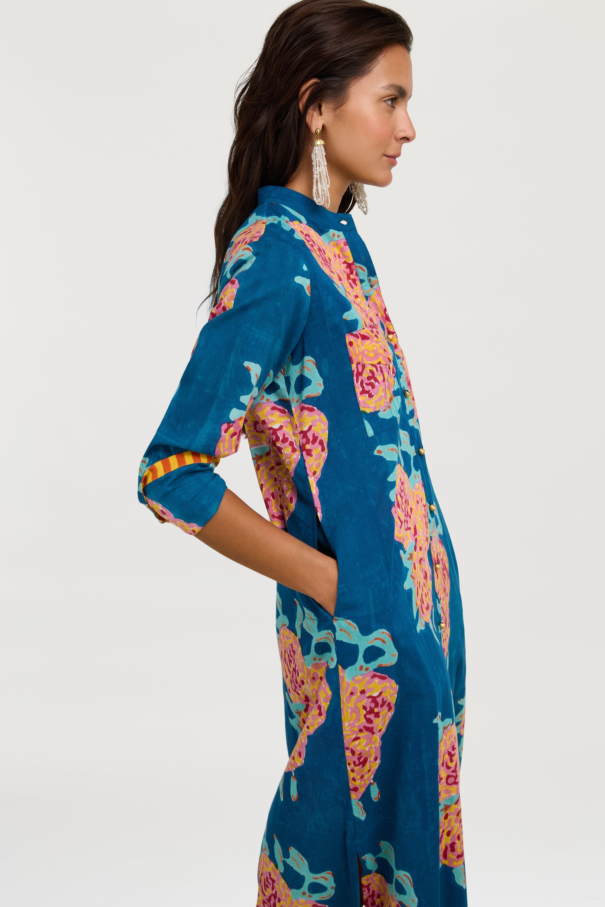 DRESSES/JUMPSUITS Long Open Kurta in Dark Teal Lisa Corti