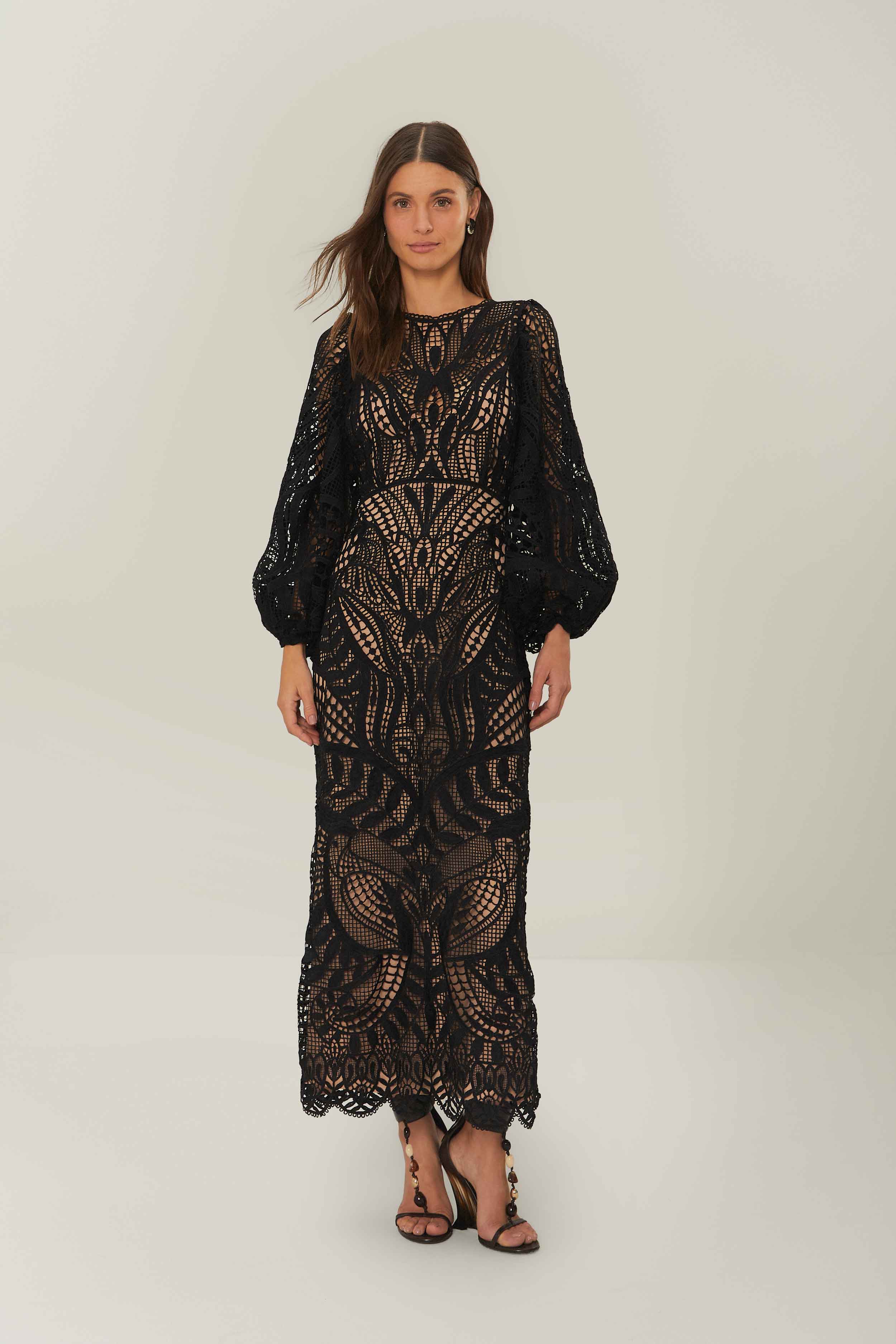 DRESSES/JUMPSUITS Nature Guipure Midi Dress in Black Farm Rio