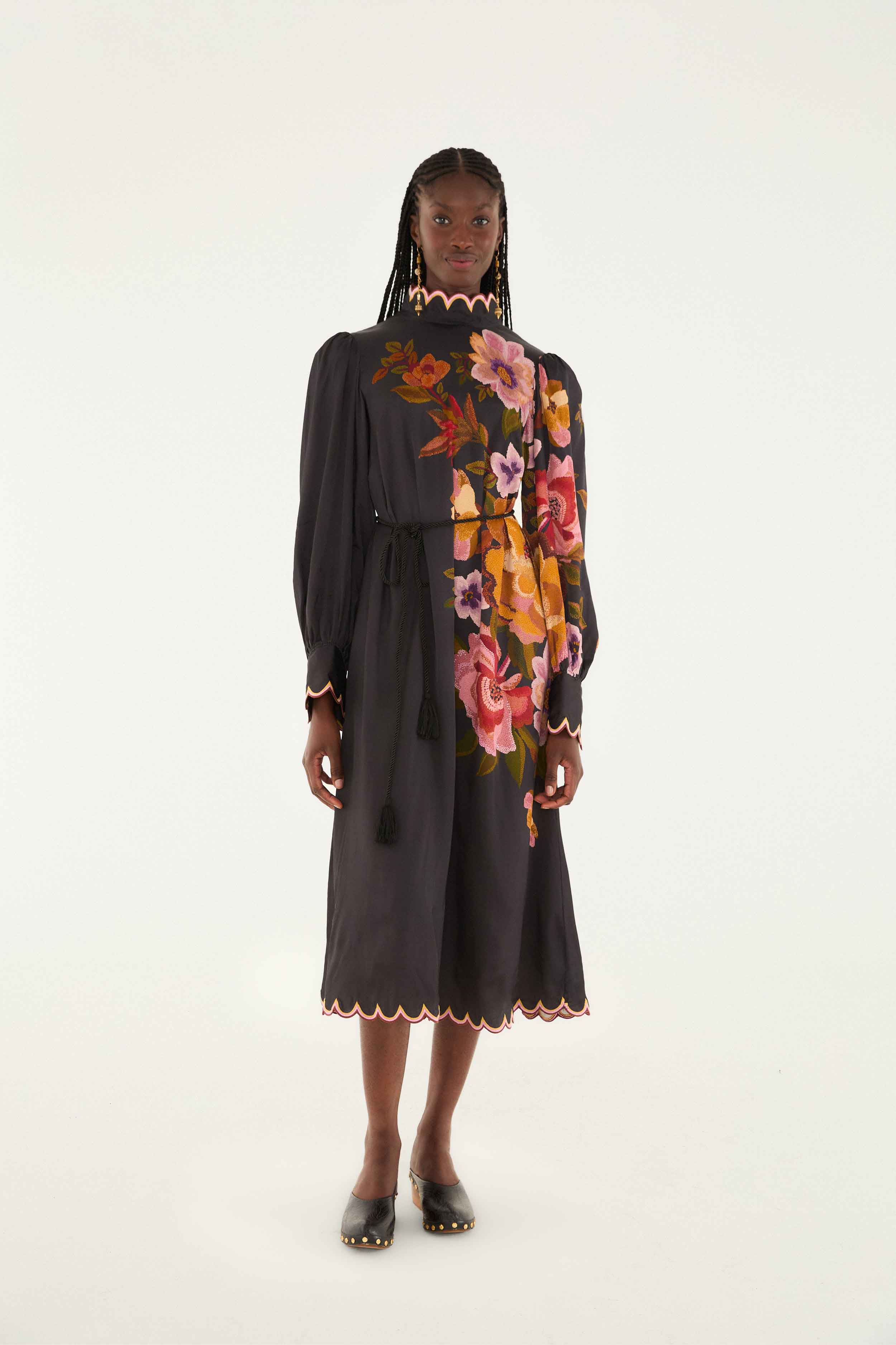 DRESSES/JUMPSUITS Chenille Flowers Midi Dress in Black Farm Rio