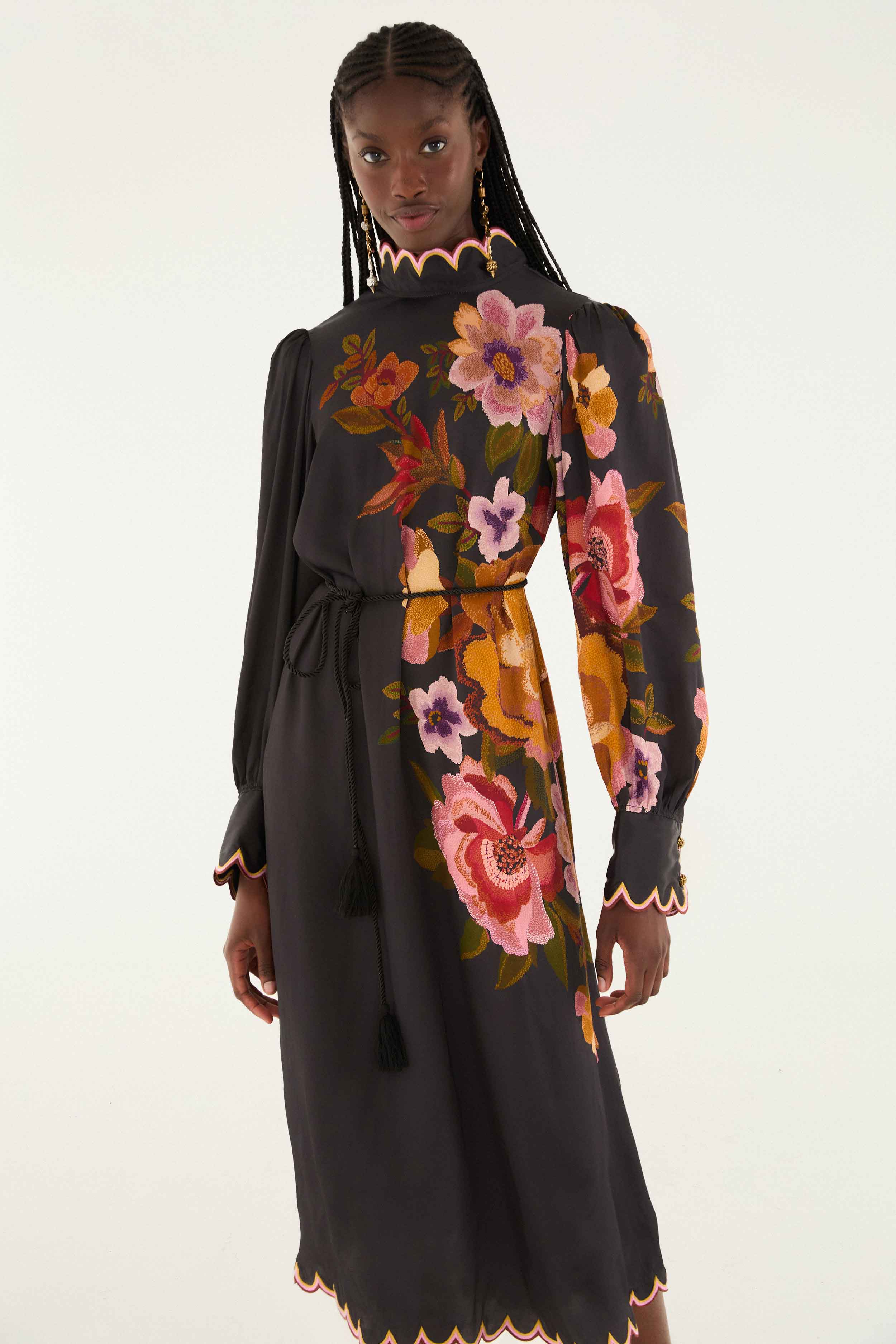 DRESSES/JUMPSUITS Chenille Flowers Midi Dress in Black Farm Rio