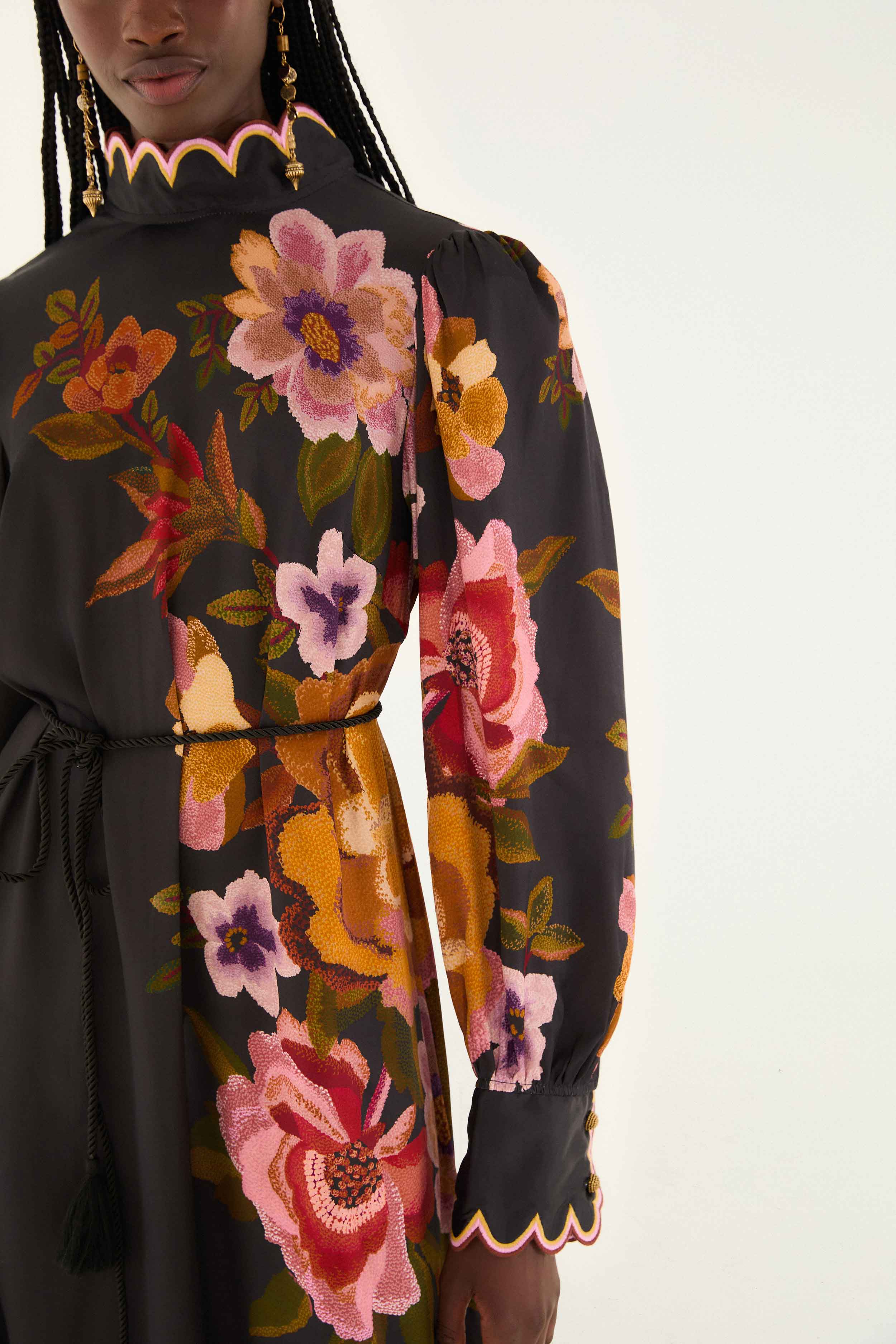 DRESSES/JUMPSUITS Chenille Flowers Midi Dress in Black Farm Rio