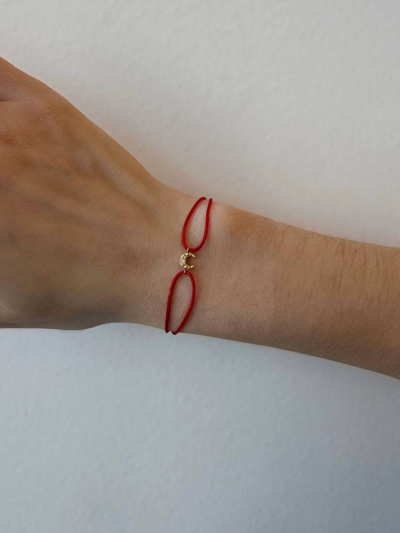 JEWELRY Diamond Crescent Moon Silk Cord Bracelet in Red Anzie
