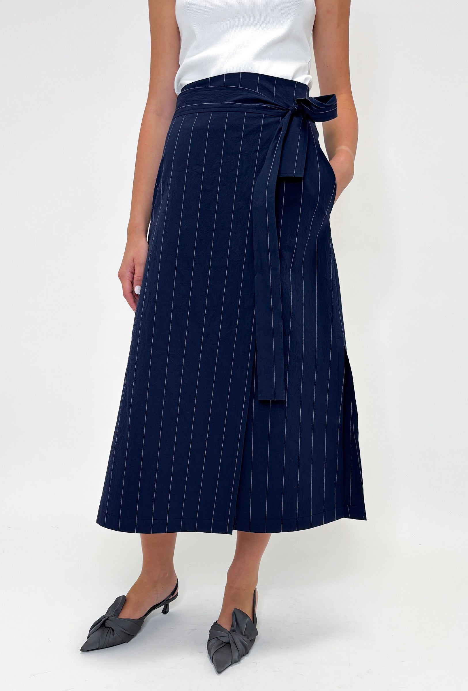 SKIRTS Pinstripe Wrap Skirt in Marine Odeeh