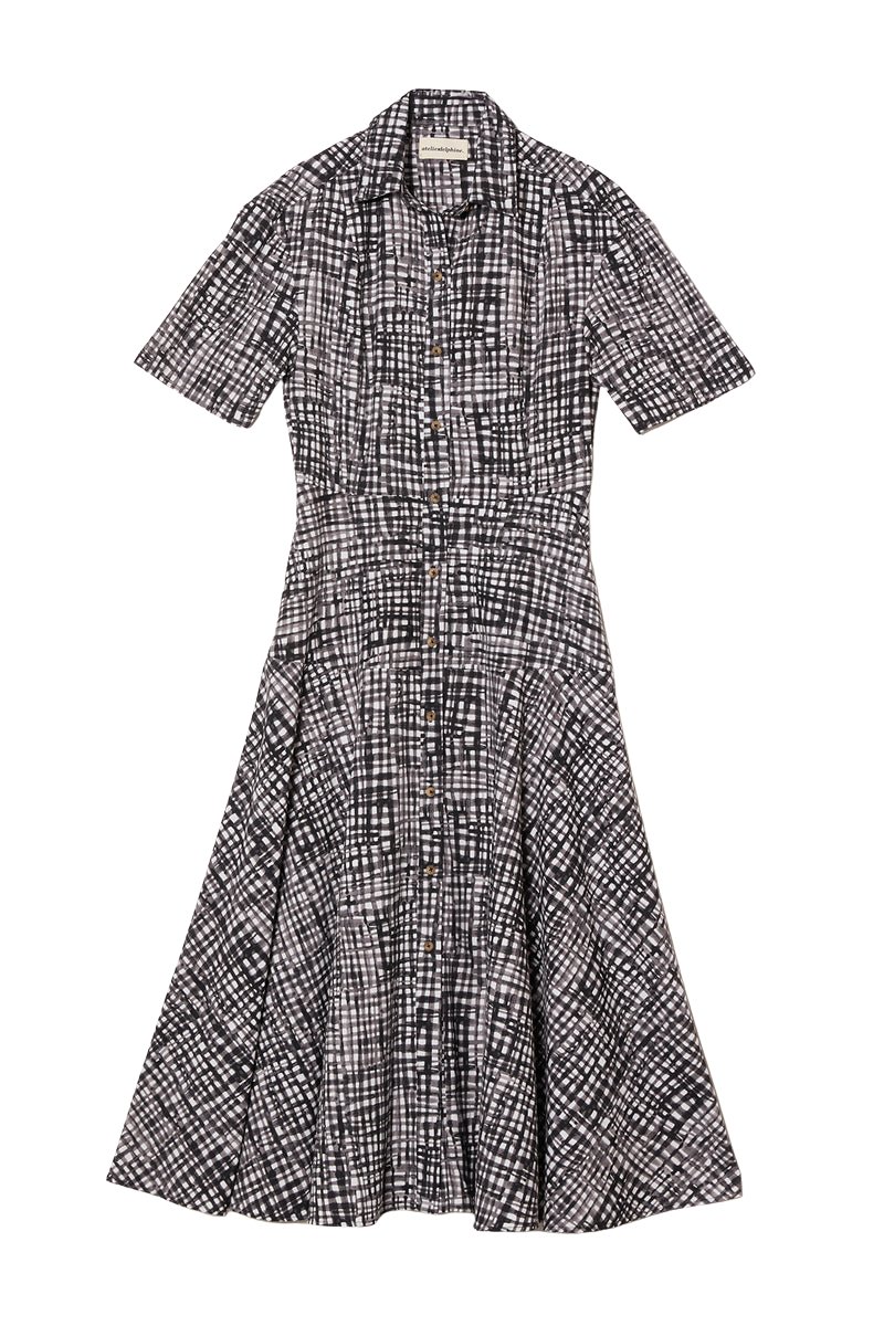 DRESSES/JUMPSUITS Paneled Shirt Dress in White & Black Gingham Atelier Delphine