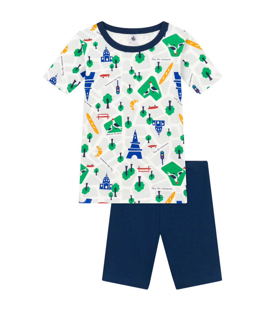 CHILDREN'S APPAREL Short Sleeve Paris Print Pajama Set in Navy Petit Bateau