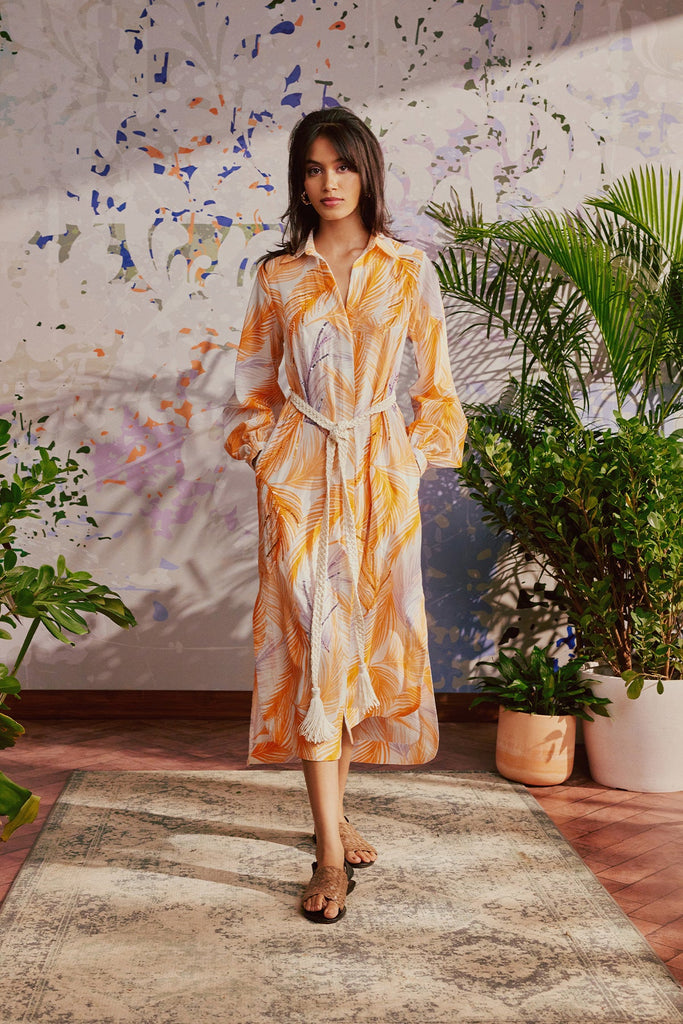 DRESSES/JUMPSUITS Beaded Shirt Dress in Lilac and Orange Palm Verandah