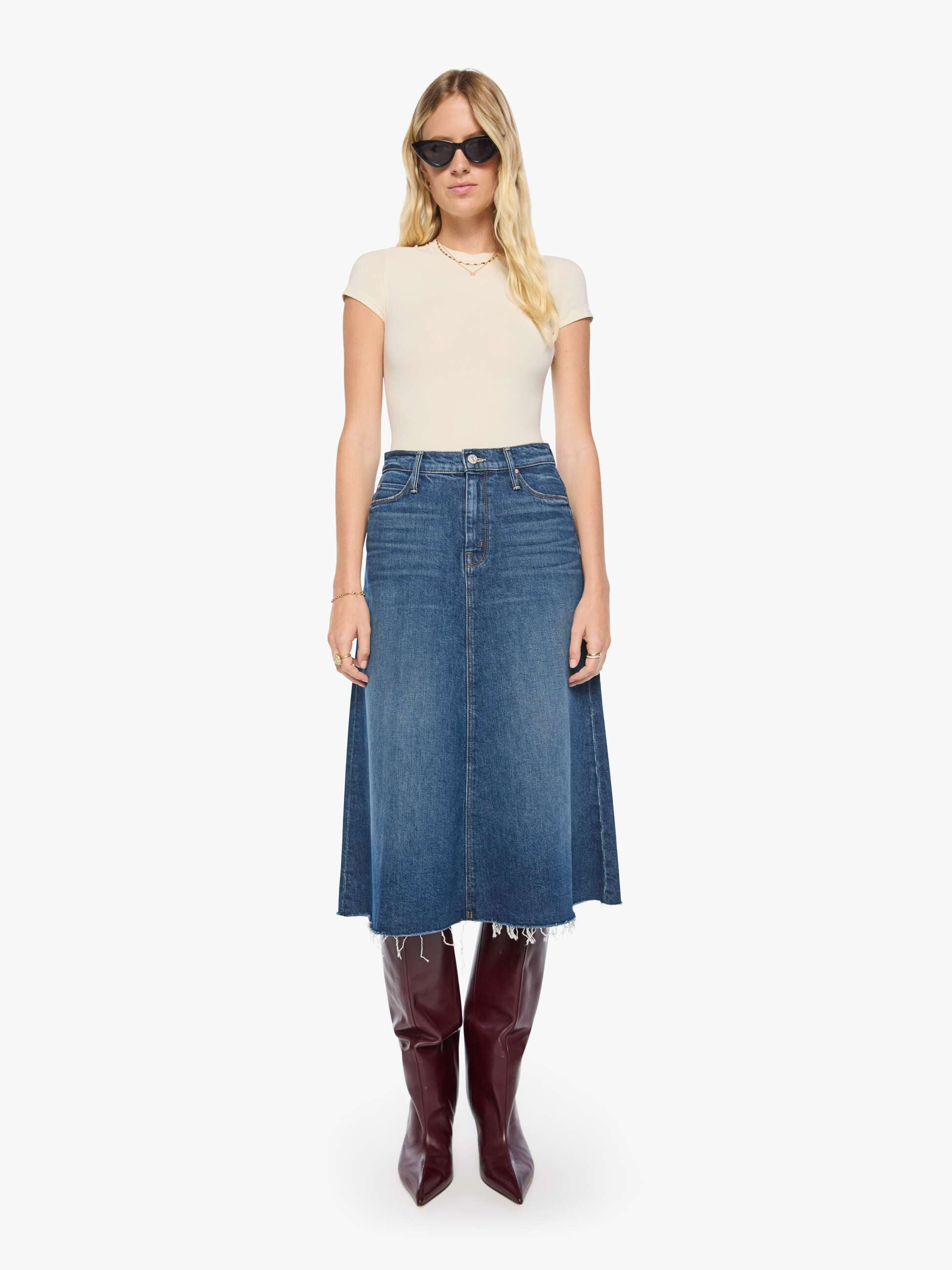 DENIM The Circle Midi Fray Denim Skirt in Buckaroo Mother