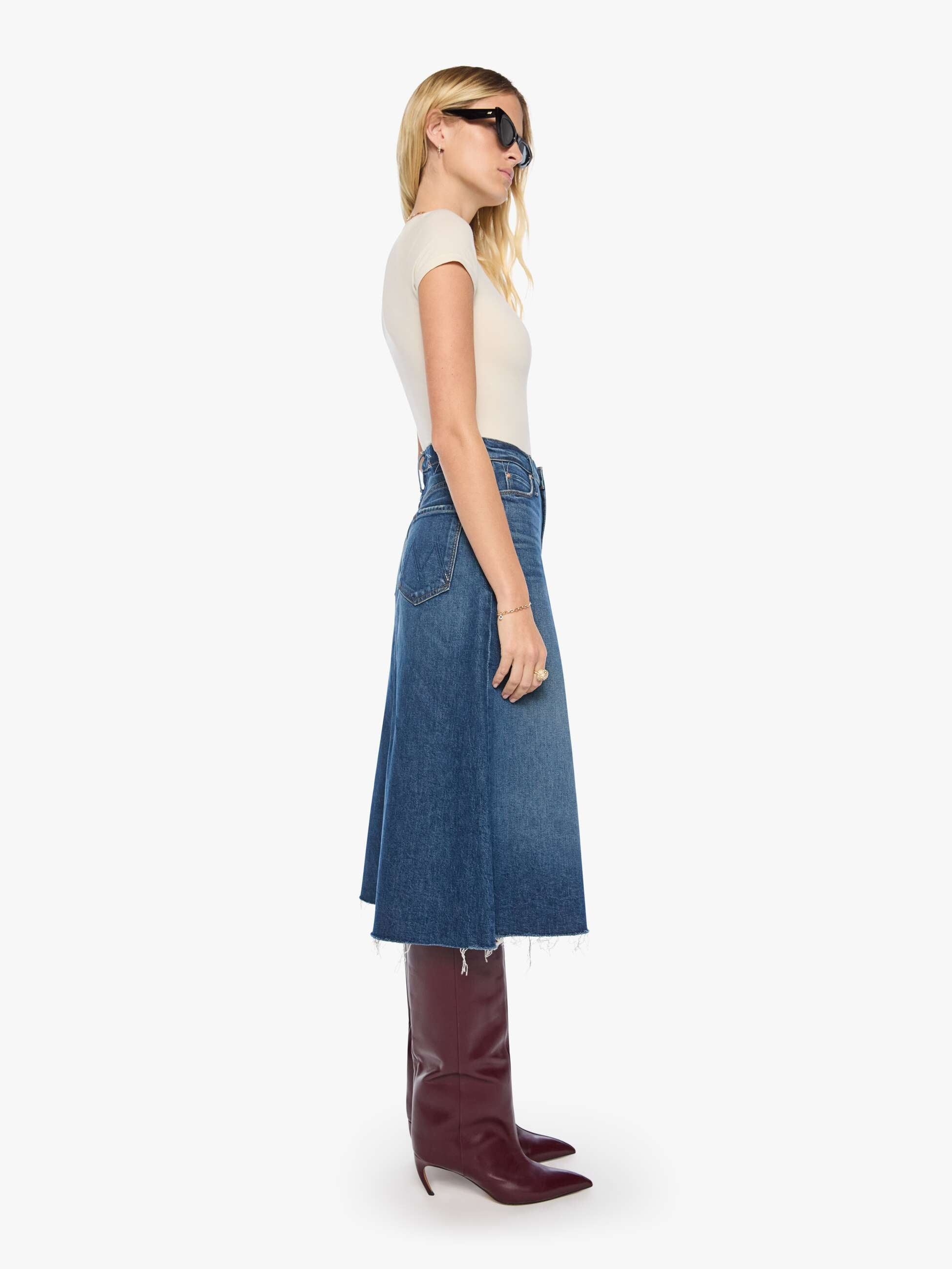 DENIM The Circle Midi Fray Denim Skirt in Buckaroo Mother