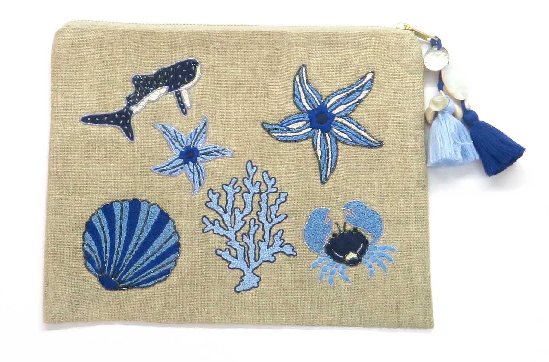 ACCESSORIES Large Beaded Shell Coral Starfish Linen Pouch Benaras by Citrus