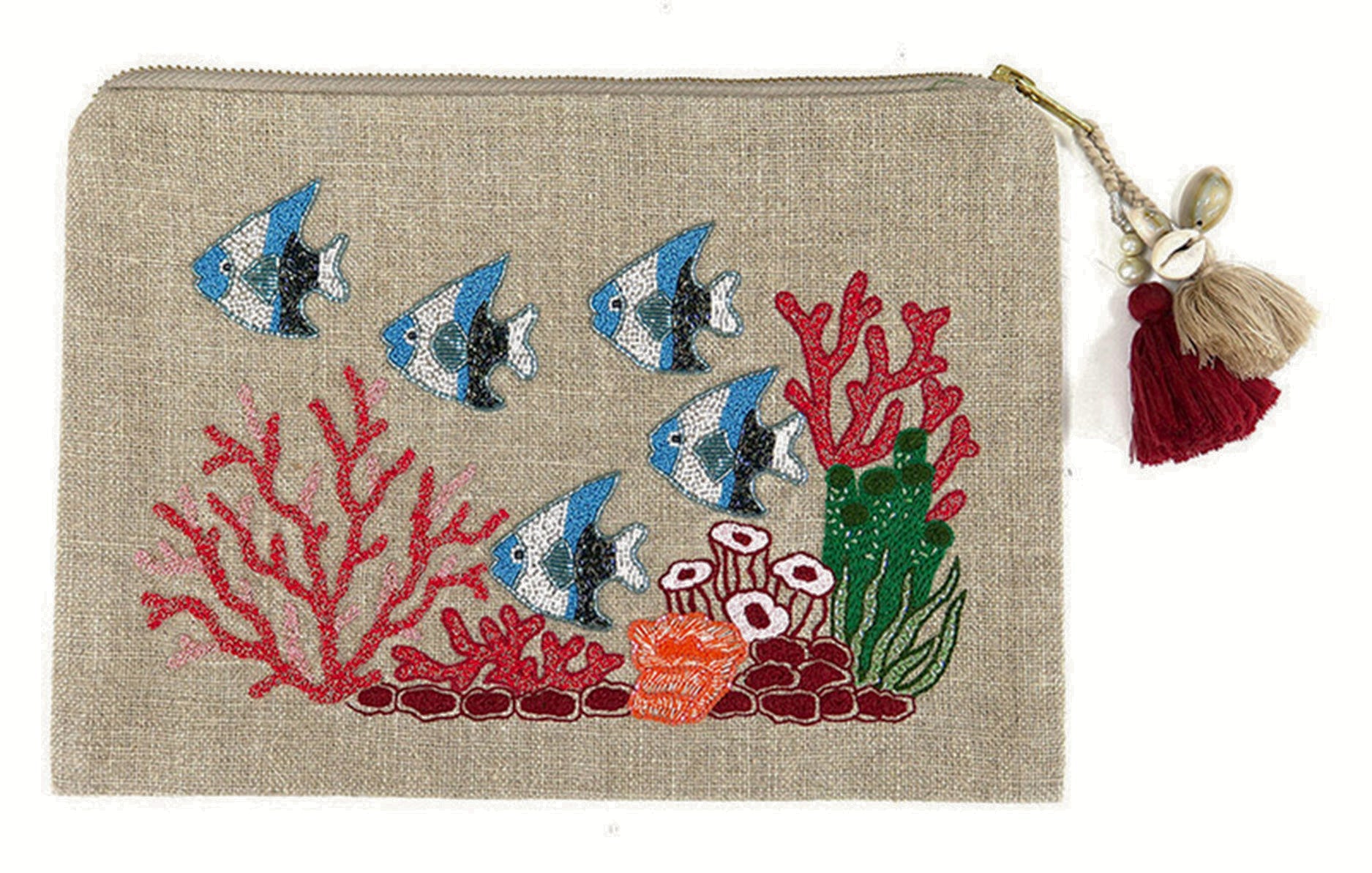 ACCESSORIES Large Beaded Multi Coral Fish Linen Pouch Benaras by Citrus