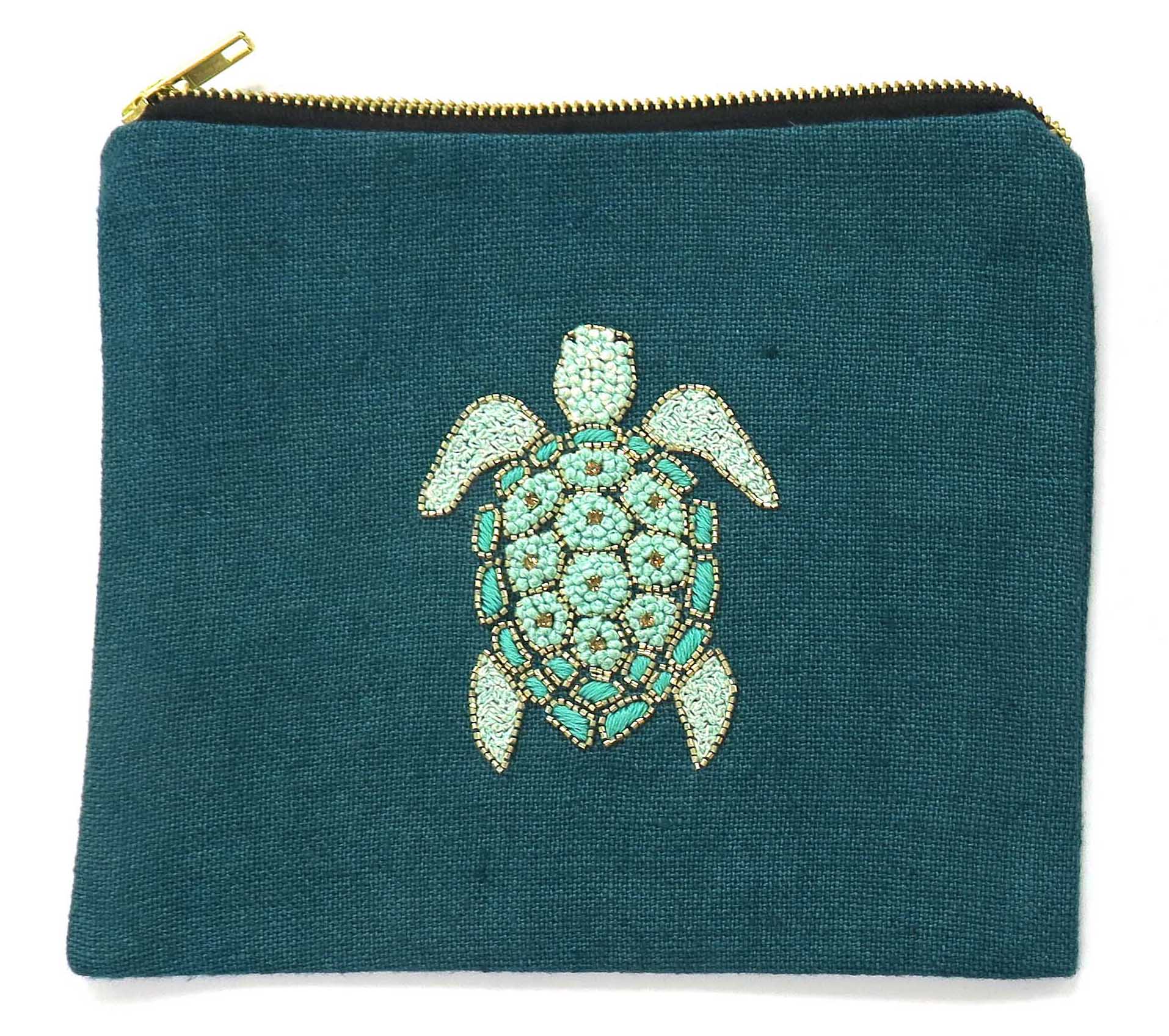 ACCESSORIES Green Beaded Turtle Linen Pouch Benaras by Citrus