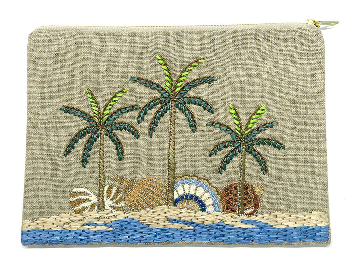 ACCESSORIES Large Beaded Triple Palm Shell Linen Pouch Benaras by Citrus