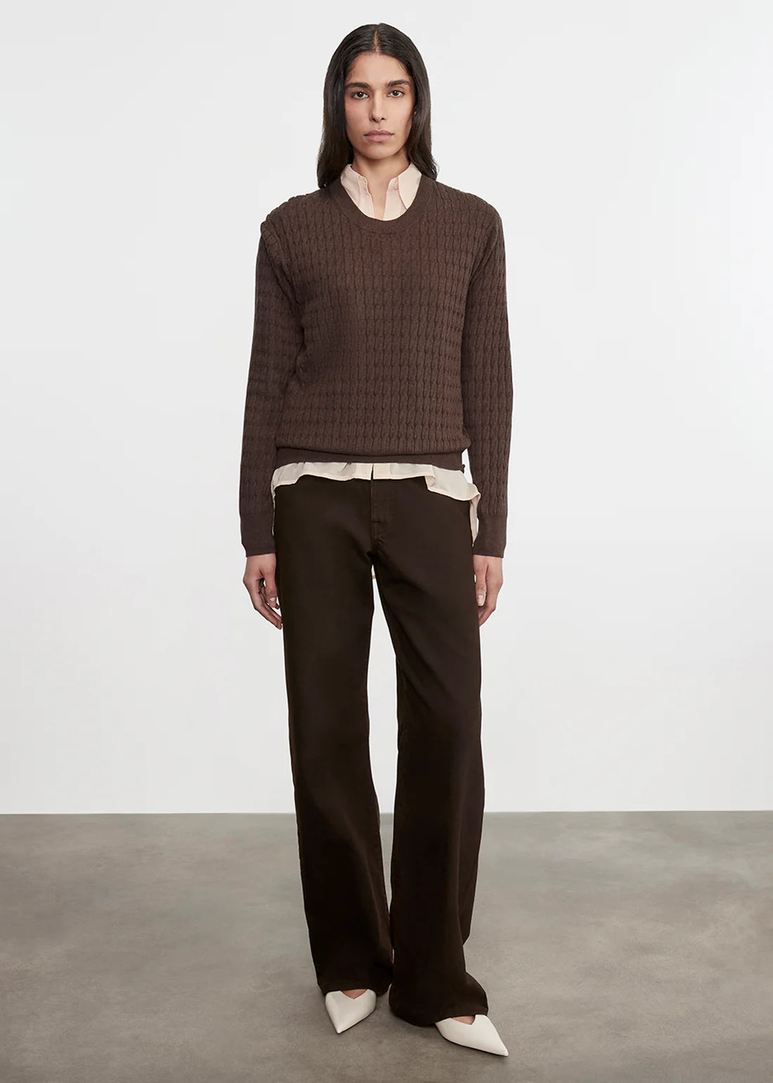 SWEATERS Cable Knit Easy Crew in Bitter Chocolate Enza Costa