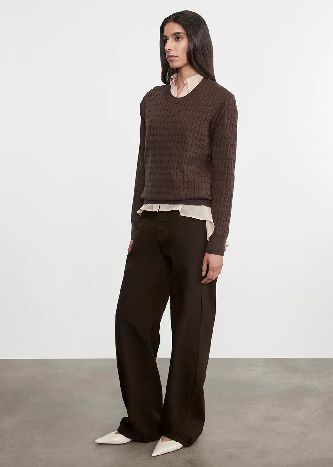 SWEATERS Cable Knit Easy Crew in Bitter Chocolate Enza Costa