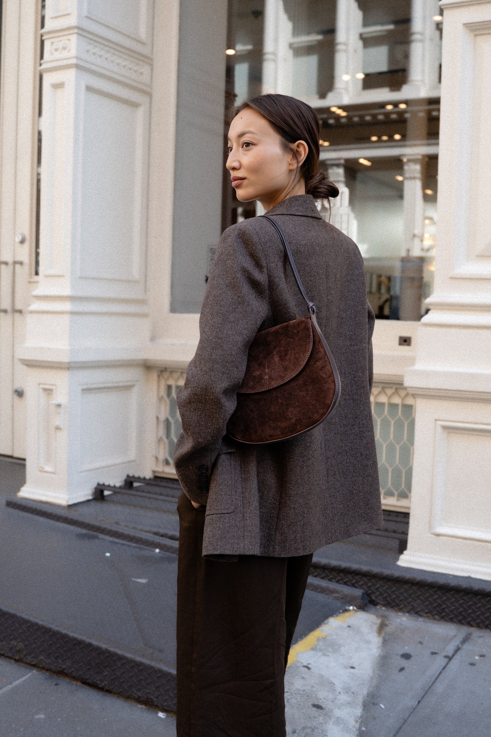 HANDBAGS Juliette Shoulder Bag in Chocolate Suede Lemiz