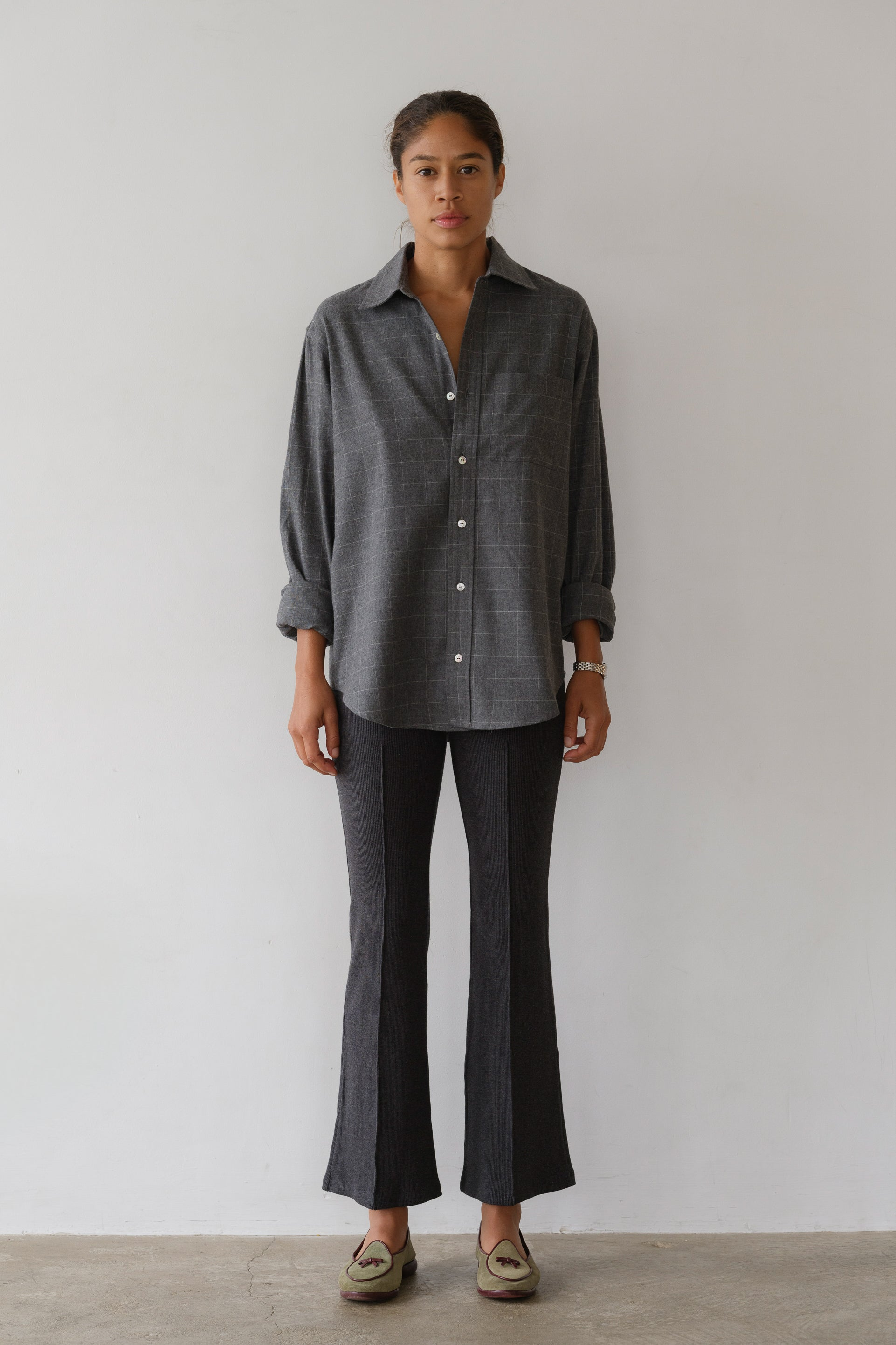 PANTS/SHORTS Rib Kick Flare Pant in Charcoal Grey Donni