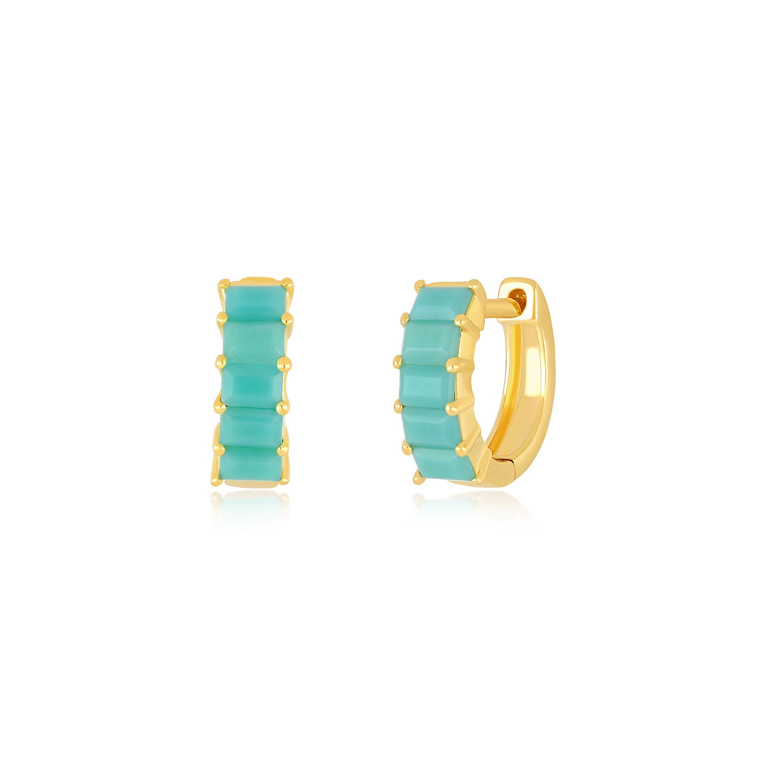 JEWELRY Prong Set Turquoise Baguette Mini Huggies Yellow Gold EF Collection