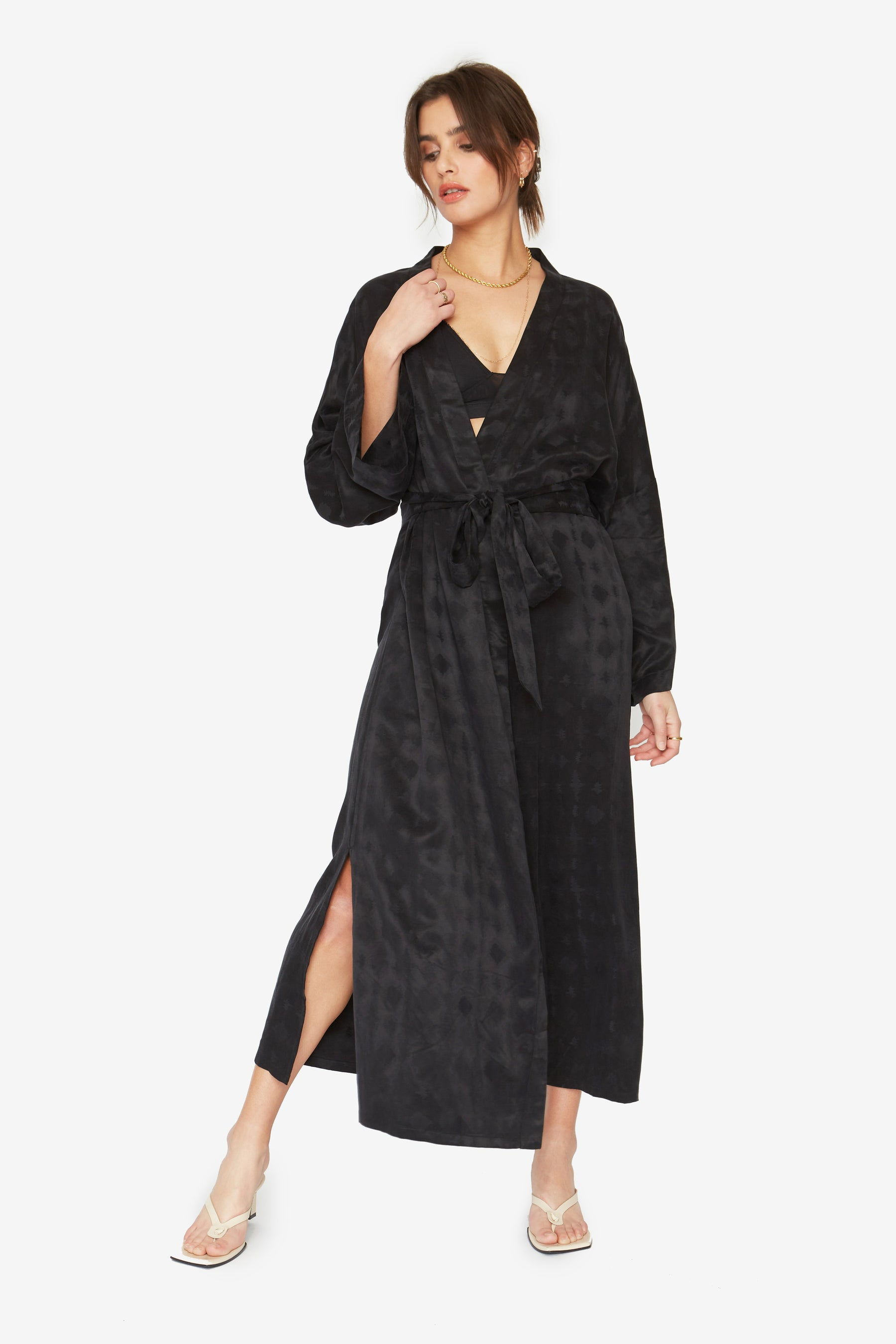 Zig Zag Long Robe in Black