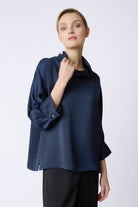 BLOUSES/SHIRTS/TOPS Ellie Satin T-neck in Navy Kal Rieman