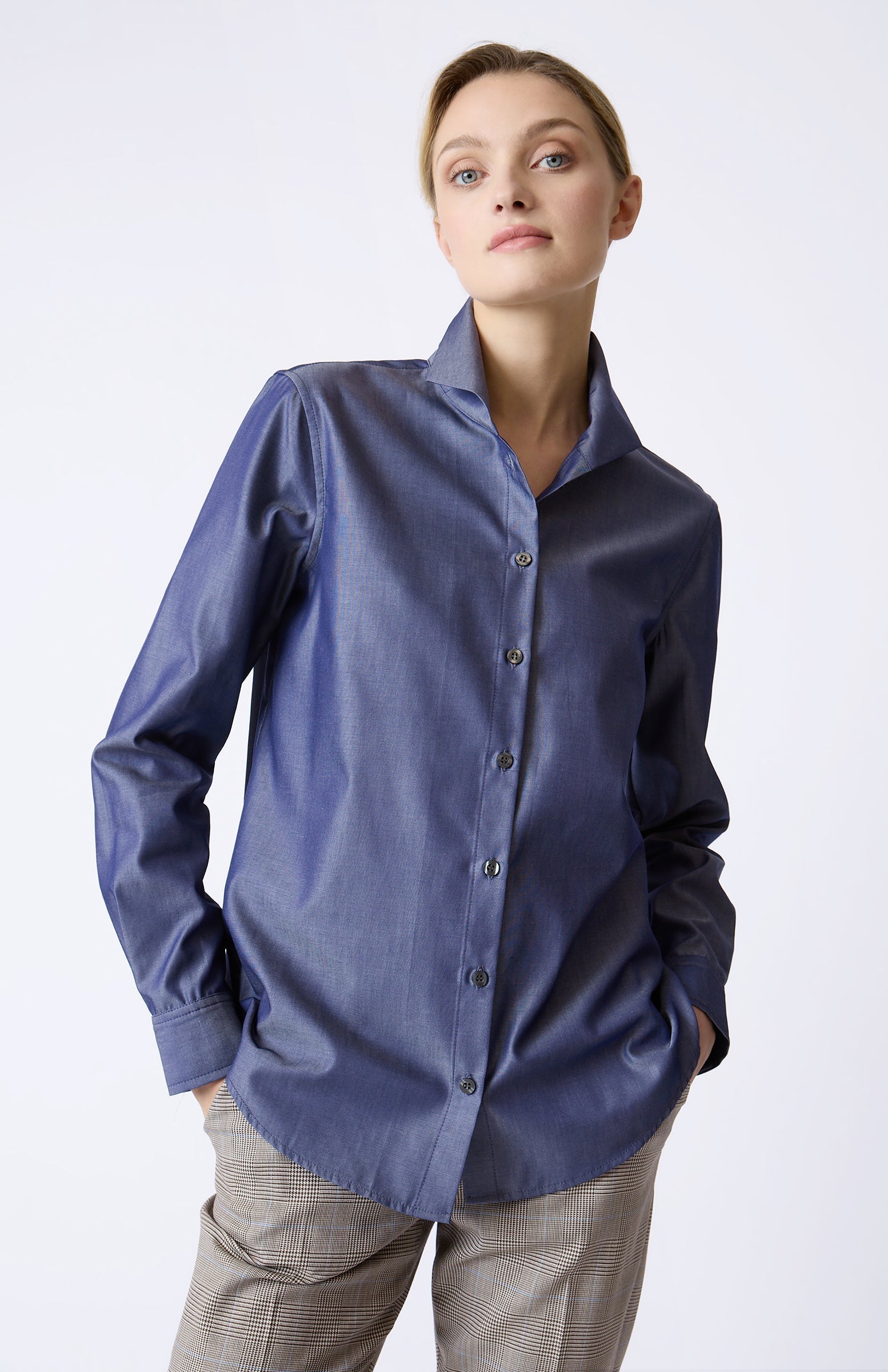 BLOUSES/SHIRTS/TOPS Box Pleat Ginna Shirt in Denim Twill Kal Rieman
