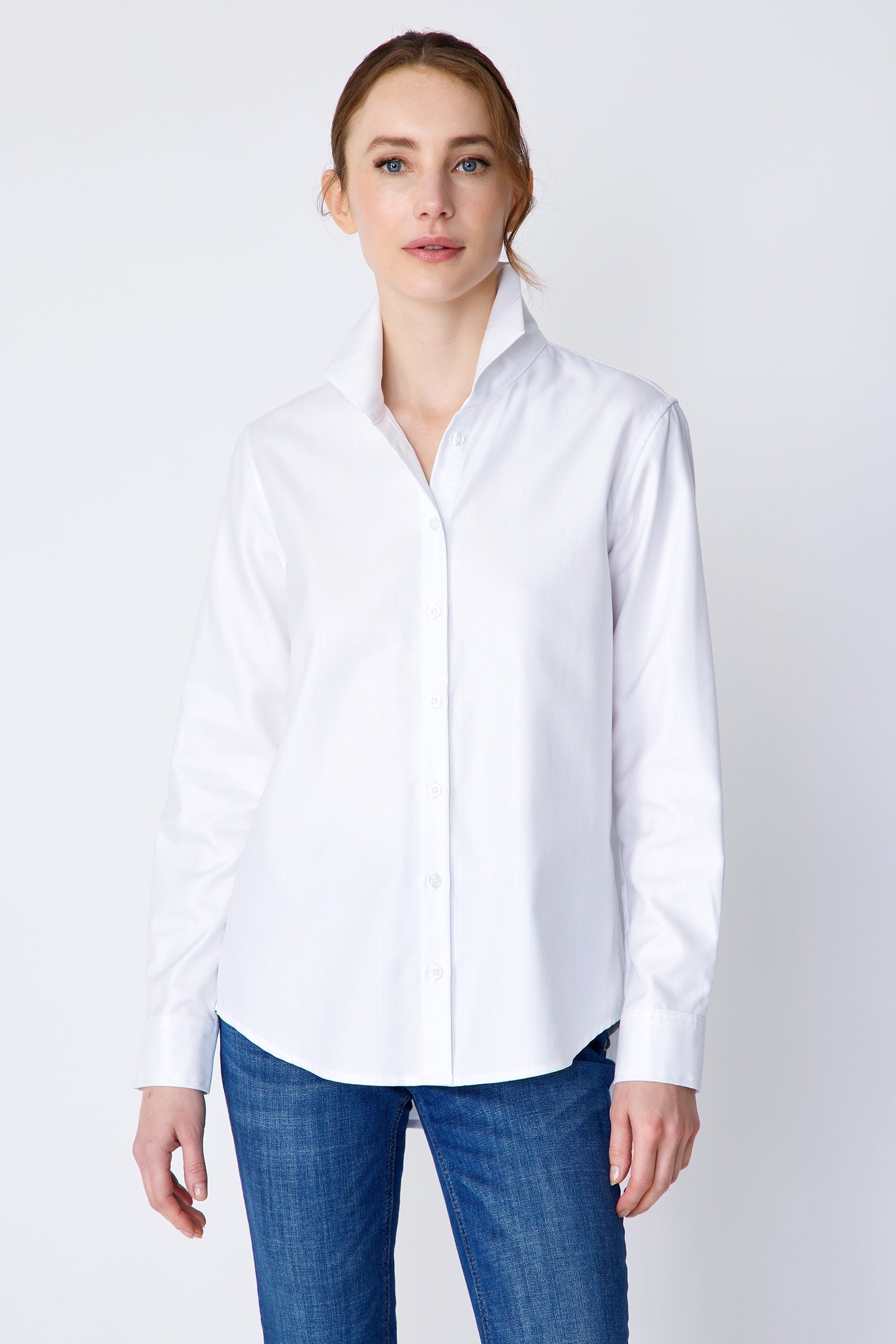 BLOUSES/SHIRTS/TOPS Box Pleat Ginna Shirt in White Fine Herringbone Kal Rieman