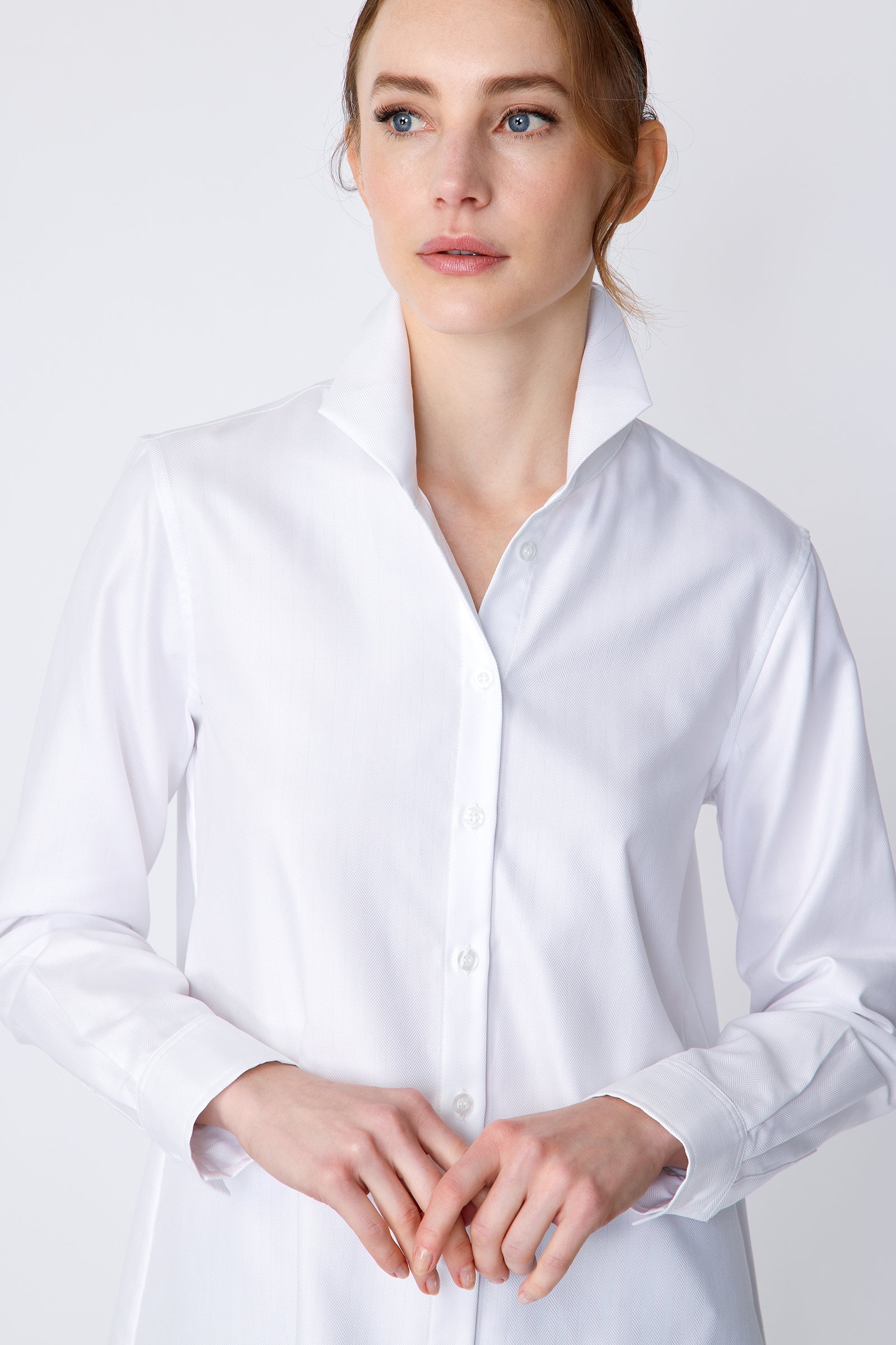 BLOUSES/SHIRTS/TOPS Box Pleat Ginna Shirt in White Fine Herringbone Kal Rieman