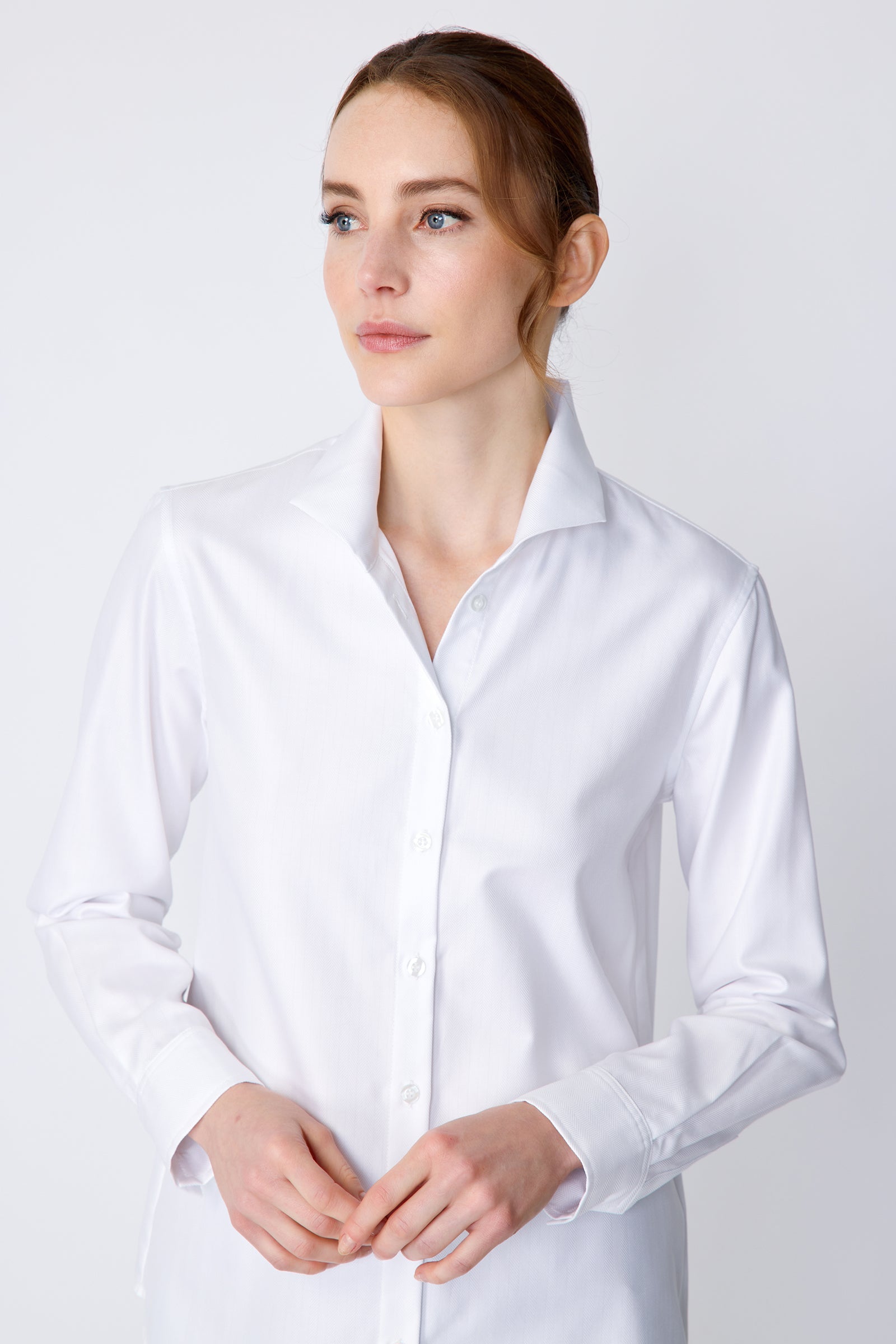 BLOUSES/SHIRTS/TOPS Box Pleat Ginna Shirt in White Fine Herringbone Kal Rieman