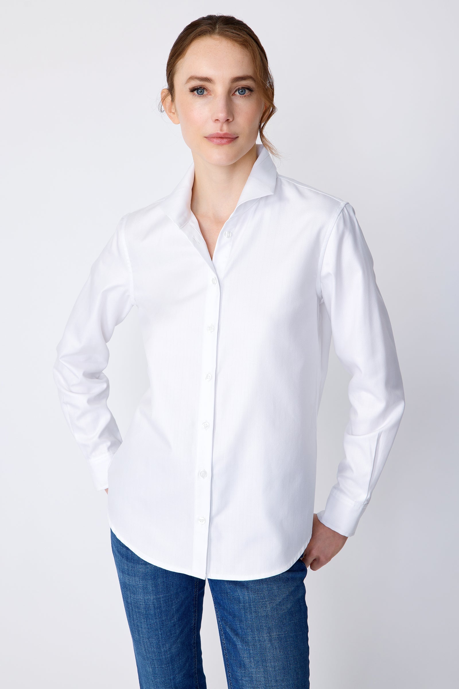 BLOUSES/SHIRTS/TOPS Box Pleat Ginna Shirt in White Fine Herringbone Kal Rieman