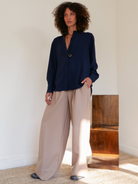 BLOUSES/SHIRTS/TOPS Collarless Button Down in Navy Sloan