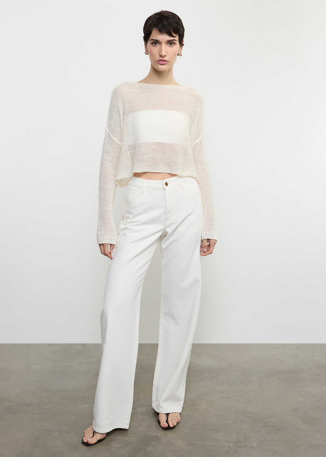 SWEATERS Linen Open Knit Bateau Sweater in White Enza Costa