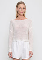SWEATERS Linen Open Knit Bateau Sweater in White Enza Costa