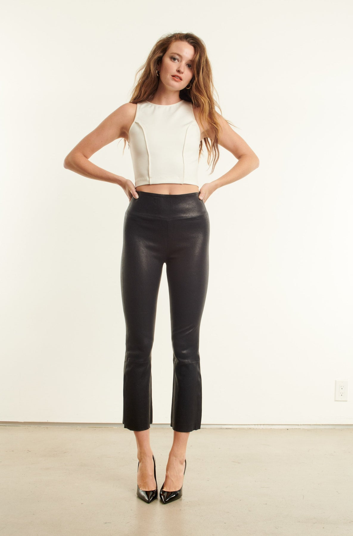 Cropped Flare Leather Leggings in Navy – Serafina