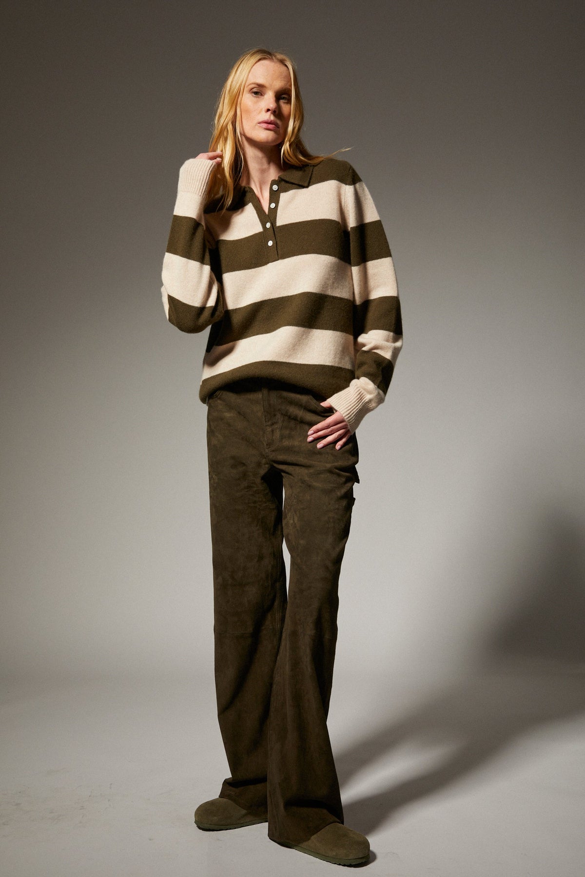 SWEATERS Cashmere Polo Sweater in Olive Stripe SPRWMN