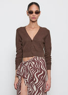 SWEATERS Linen Open Knit Cropped V-Neck Cardi in Chocolate Enza Costa