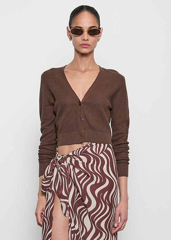 SWEATERS Linen Open Knit Cropped V-Neck Cardi in Chocolate Enza Costa