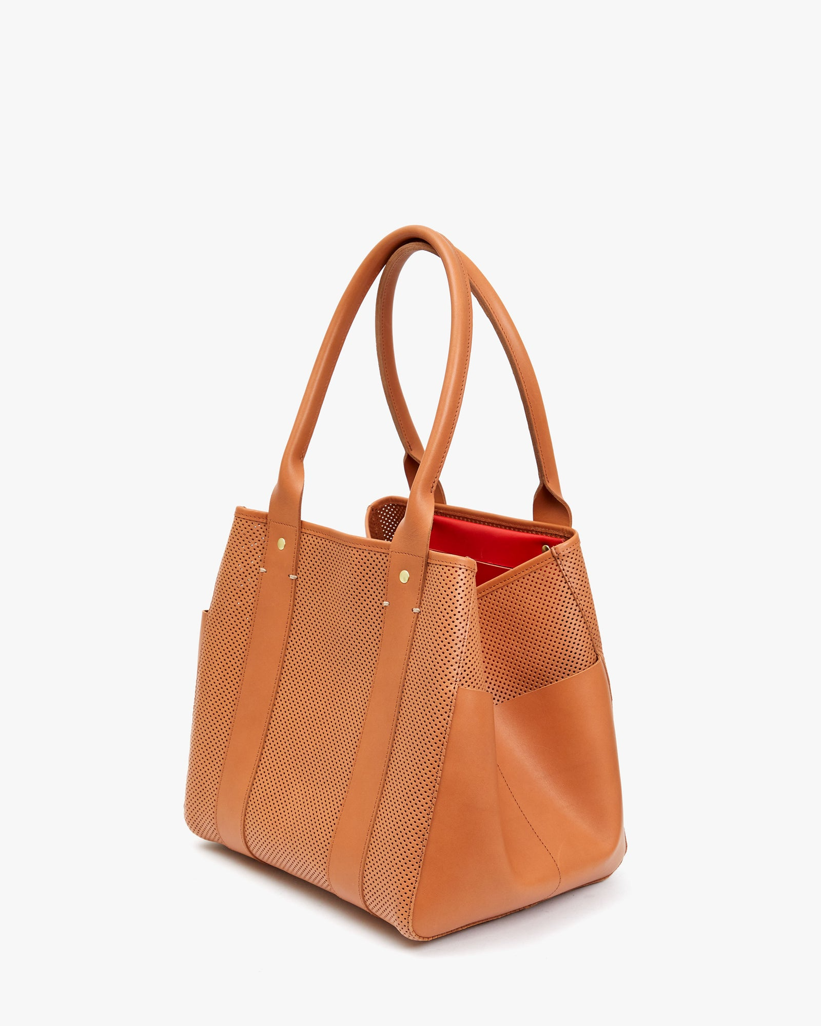 Clare V. Perforated Le Box Tote in Cuoio