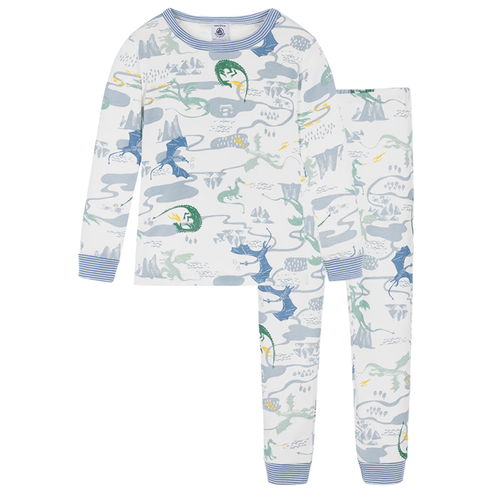 CHILDREN'S APPAREL Long Sleeve Dragon Pajama Set in White Petit Bateau