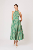 DRESSES/JUMPSUITS Halter in the Name of Love Dress in Green Check Rosie Assoulin