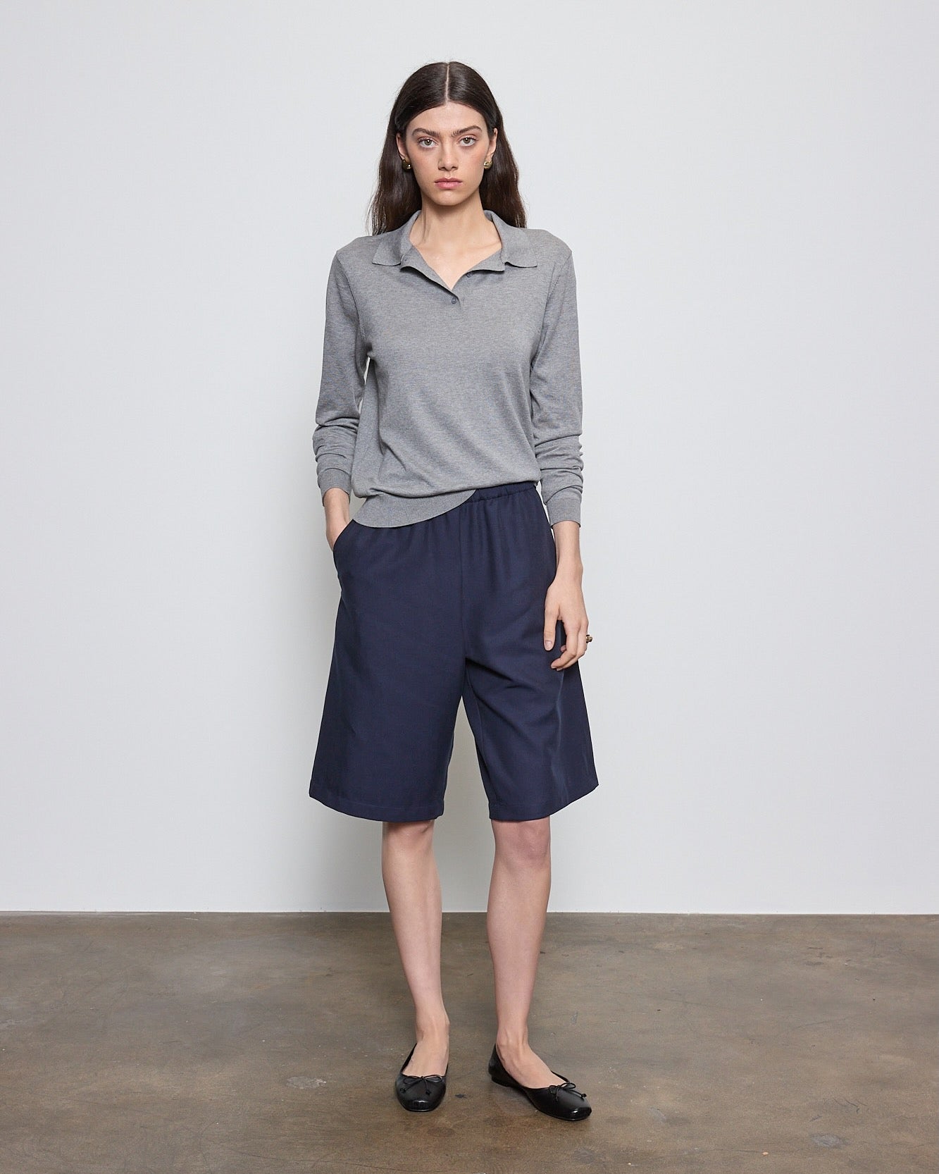 SWEATERS Silk Knit Polo in Heather Grey Enza Costa