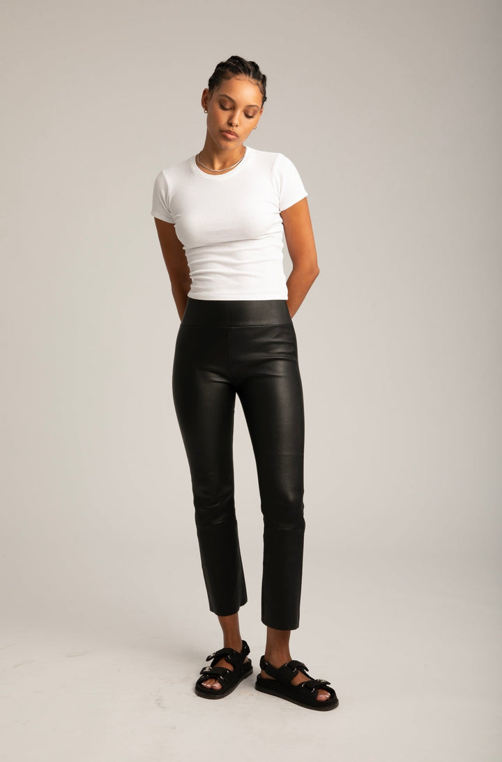 Cropped Flare Leather Leggings in Black
