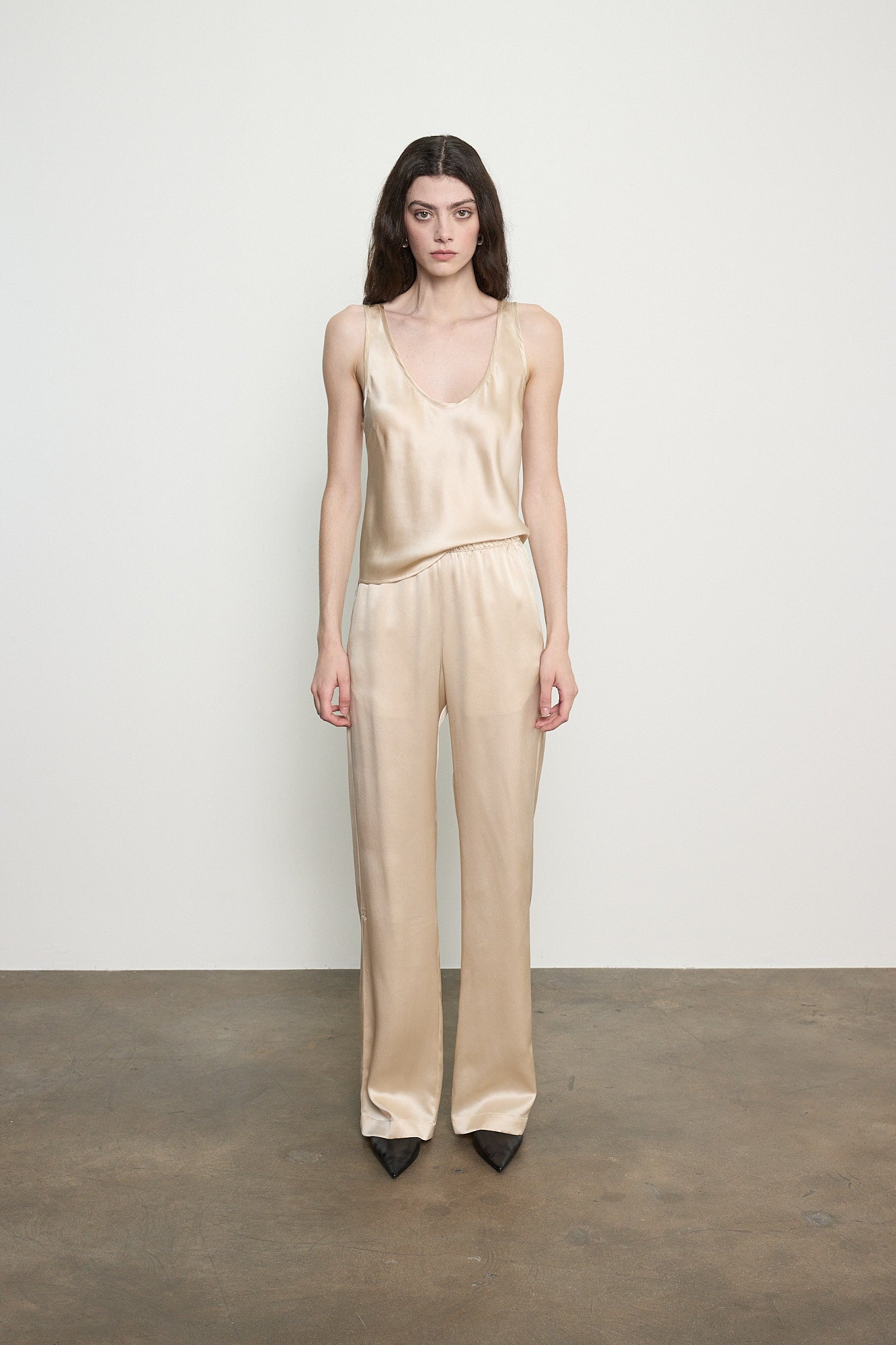 TEES/TANKS Silk Satin U Tank in Beige Enza Costa