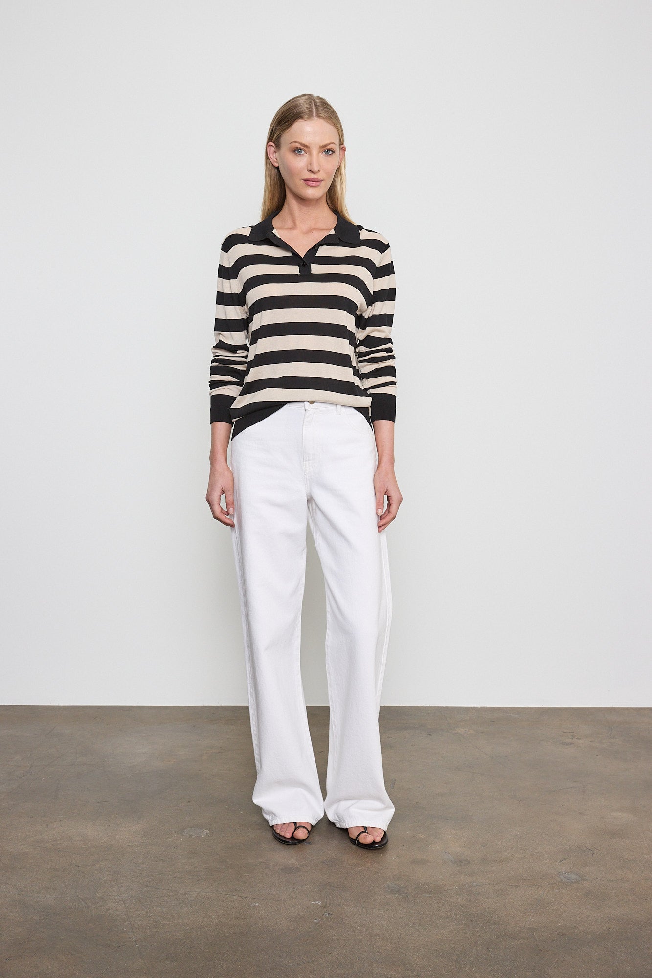 SWEATERS Stripe Silk Knit Polo in Black and White Enza Costa
