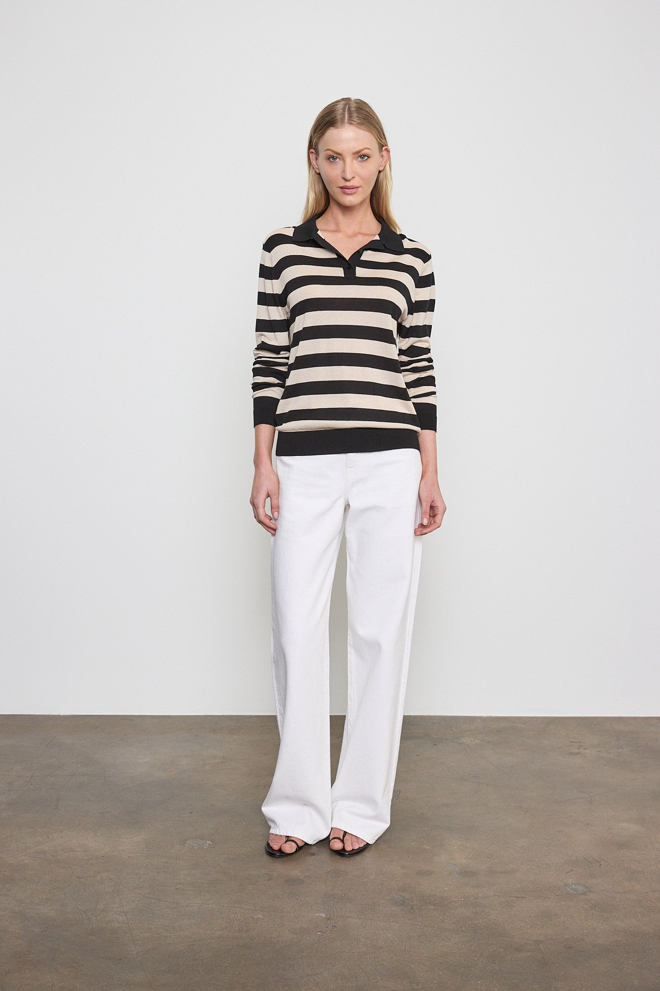 SWEATERS Stripe Silk Knit Polo in Black and White Enza Costa