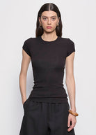 BLOUSES/SHIRTS/TOPS Ribbed Cap Sleeve Crew in Black Enza Costa