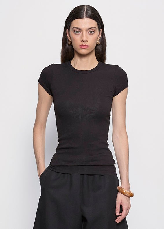 BLOUSES/SHIRTS/TOPS Ribbed Cap Sleeve Crew in Black Enza Costa