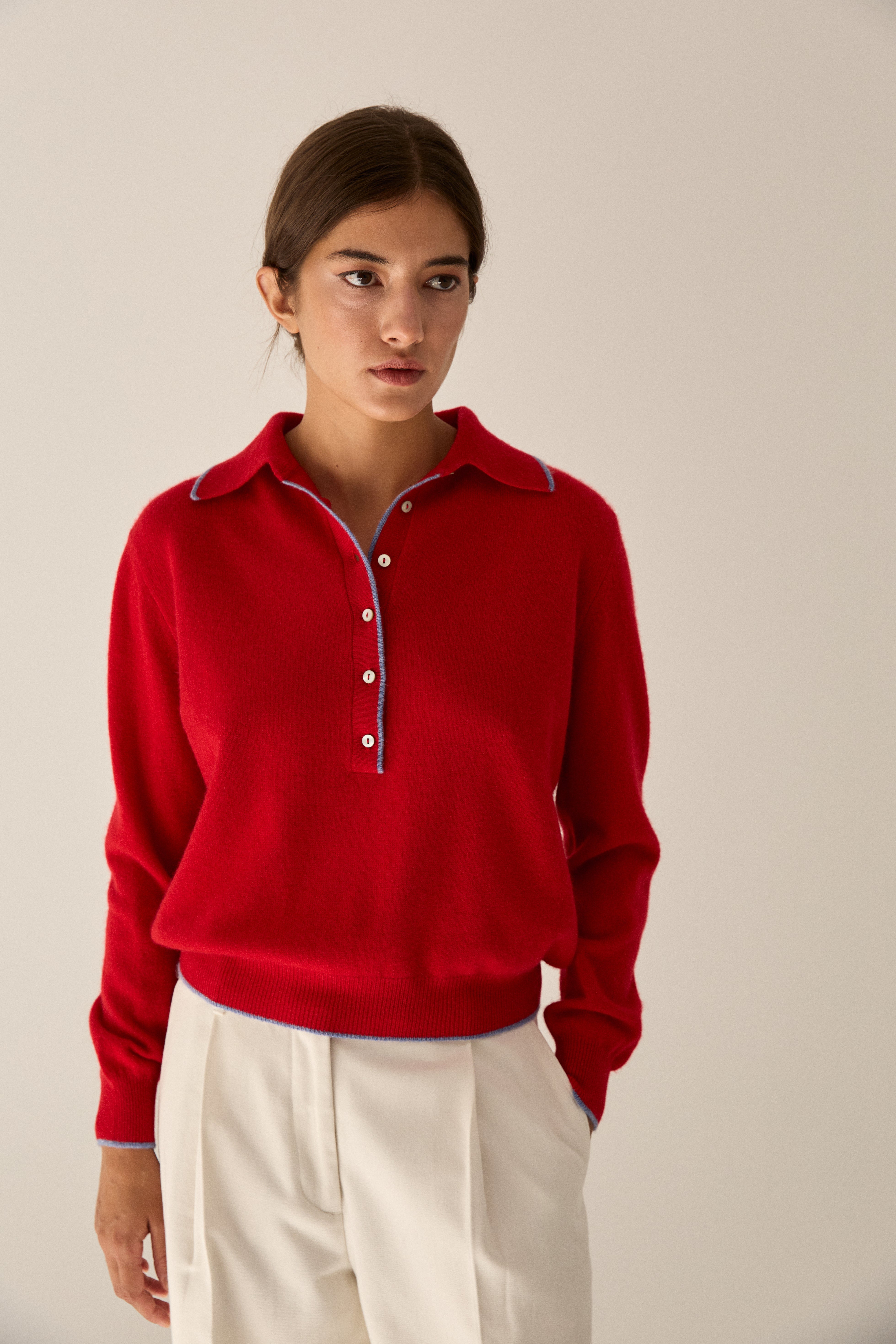 BLOUSES/SHIRTS/TOPS Cashmere Polo in Red and Stone Stone