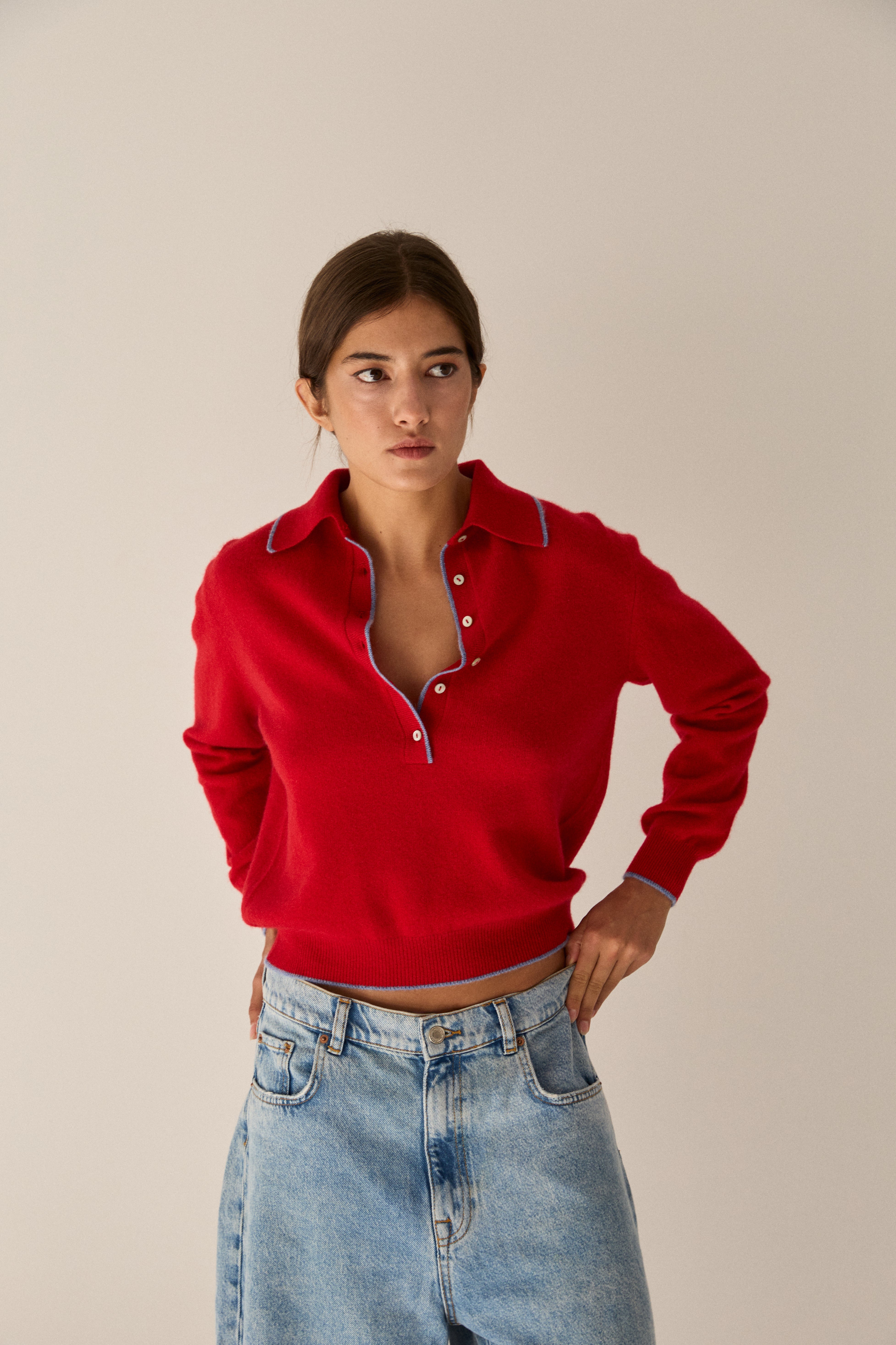 BLOUSES/SHIRTS/TOPS Cashmere Polo in Red and Stone Stone