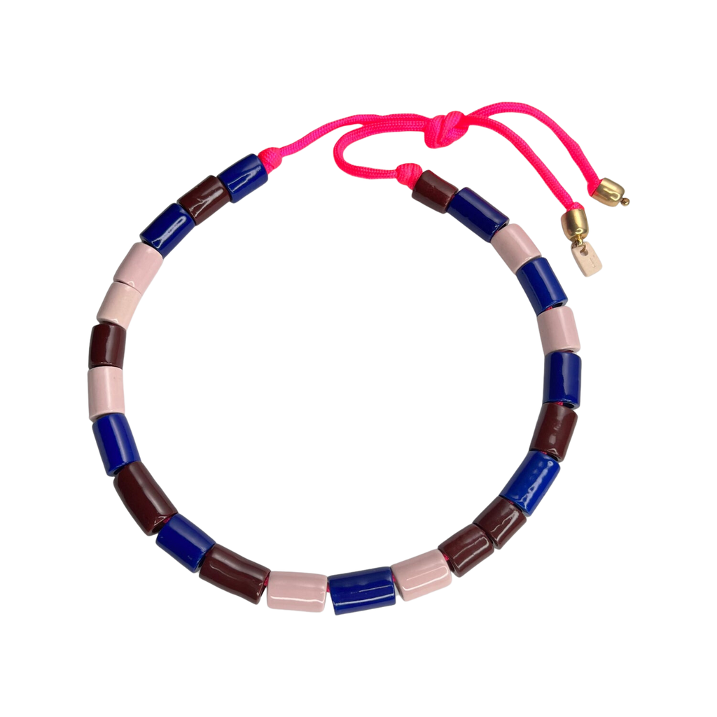 Necklaces Her New Tribe Ceramic Beaded Necklace in Navy Red and Pink Her New Tribe